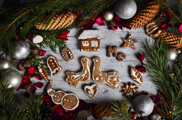 Christmas - baking cake background. Blank opened cook book with food ingredients and decorations around on vintage planked wood table from above. Layout with free text space.