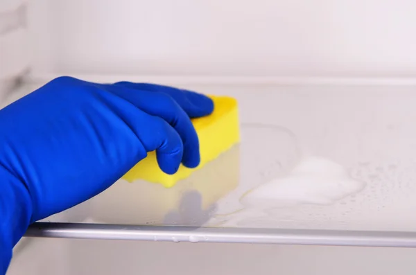 Woman\'s hand in blue rubber protective glove cleaning white open empty refrigerator with yellow rag. Cleaning concept. Clean