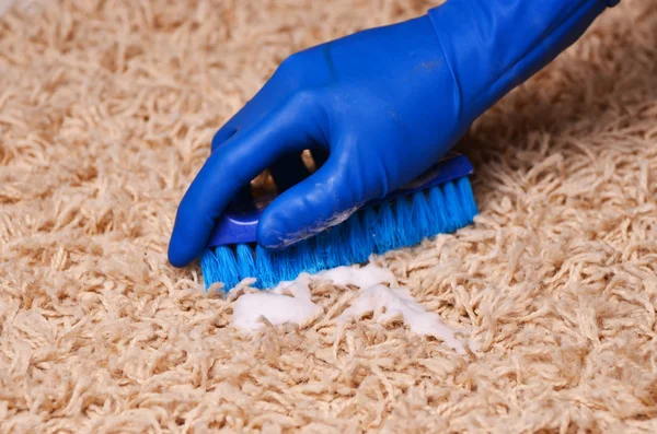 People, housework and housekeeping concept - close up of woman in rubber gloves with cloth and detergent spray cleaning carpet at home