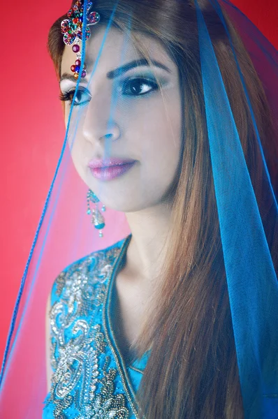 Portrait of a beautiful young woman of Asian origin wearing traditional clothing and jewellery in blue colours.