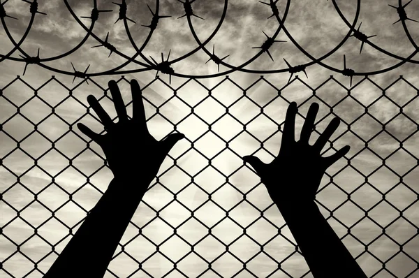 Hands refugee at the border fence