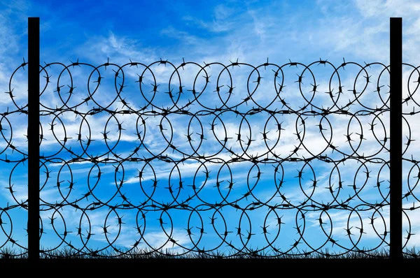 Silhouette of a metal fence with barbed wire