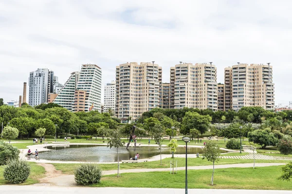 Modern apartment buildings beside a park, Spain