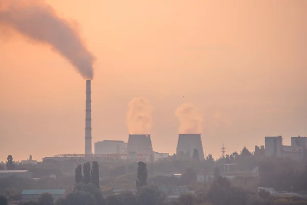 Silhouette plant with big chimneys in smog