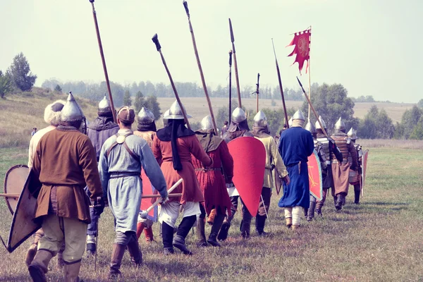 Samara, Russia, the festival of historical reconstruction ancient Russia ages 11-13 - August 11, 2013: detachment of soldiers of historical reconstruction of Kievan Rus went to war