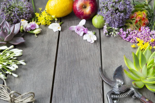 Still life of arranging flowers and fruit on wooden background