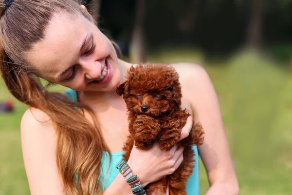 Young beautiful girl holding a cute brown puppy. The girl smiles. Puppy eyes closed.