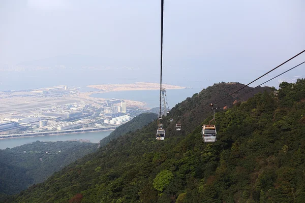 The cable car in the beautiful green mountains, the Bay and the city.
