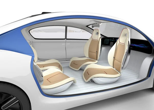 Autonomous car\'s interior concept. The car offer folding steering wheel, rotatable passenger seat.