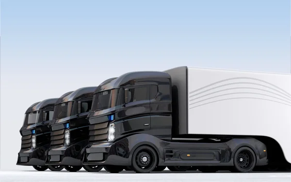 Hybrid electric trucks arranged in line. 3D rendering image.