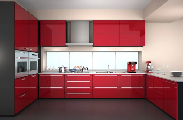 Modern kitchen interior with stylish coffee maker, food mixer. Red color theme.
