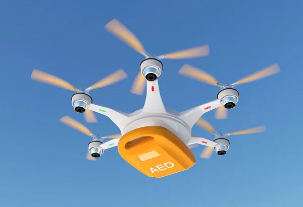 Ambulance drone delivers AED kit for emergency medical care concept.