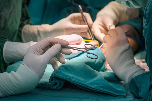 Scrub nurse give surgical tool to surgeon