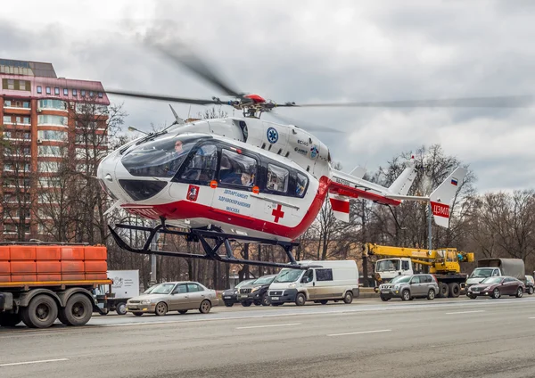 Medical helicopter takes off from the scene of the accident.