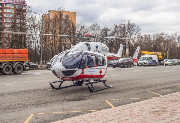 Medical helicopter takes off from the scene of the accident.