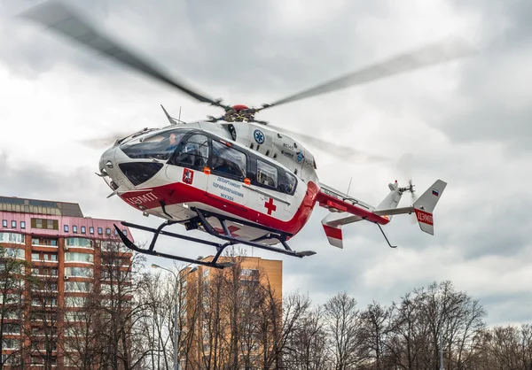 Medical helicopter takes off from the scene of the accident.