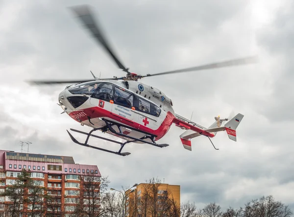 Medical helicopter takes off from the scene of the accident.