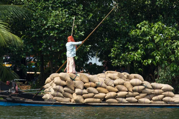Allepey, Kerala, India March 31, 2015: Indian man transport dwell with rice for boats. backwaters canoe in state