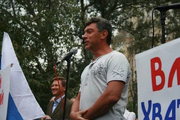 Opposition leader Boris Nemtsov speaks at a rally on the anniversary of the events of 1991 at the time of the coup in Moscow