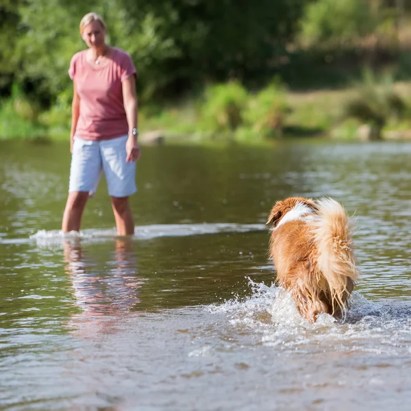 Woman plays with her dog in the water