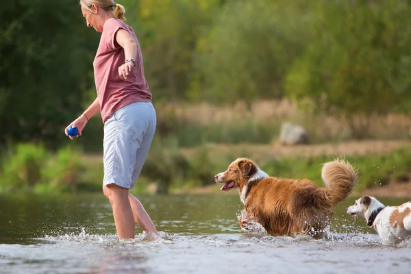 Woman plays with dog in the water