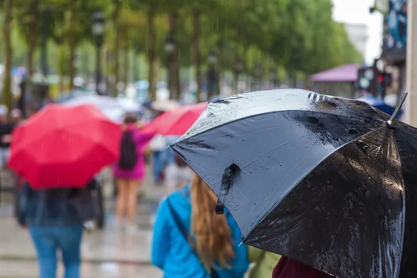 Pedestrians with rain umbrella in the rainy city