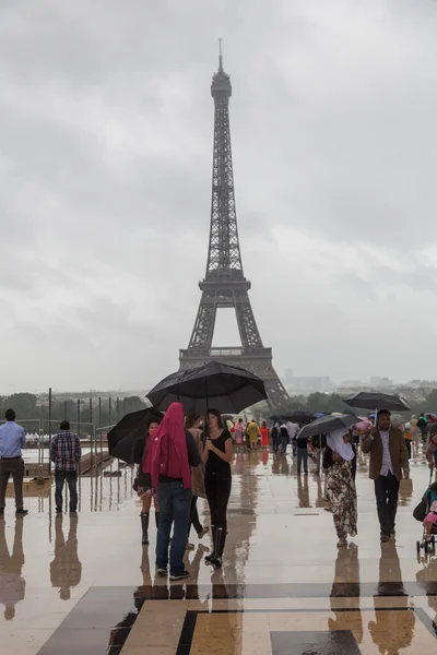 Place du Trocadero and Eiffel Tower in Paris, France, on a rainy day