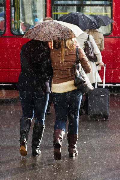 Women with umbrellas in the rainy city