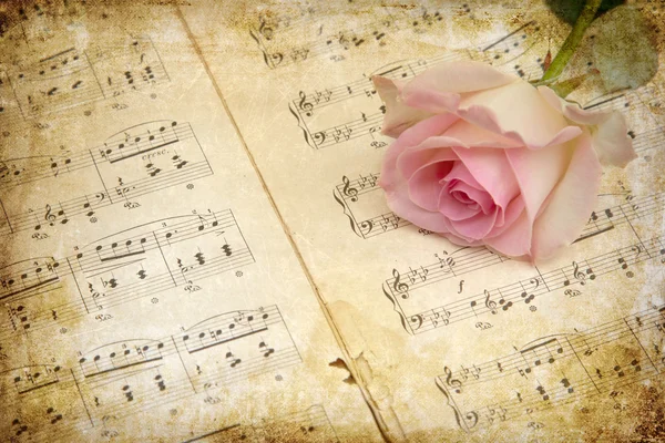 Vintage style picture of pink rose on old sheets of music
