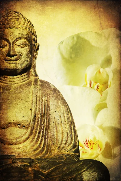 Buddha figure and orchid flowers with decorative old style texture