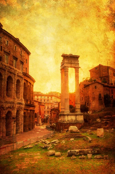 Vintage style picture of ancient columns beside the Marcellus Theatre in Rome, Italy