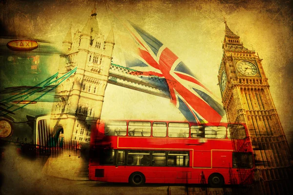 Vintage textured collage of iconic symbols of London, UK