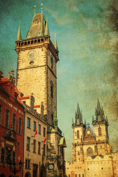 Vintage style picture of the Historical City Hall Towerin Prague, Czechia