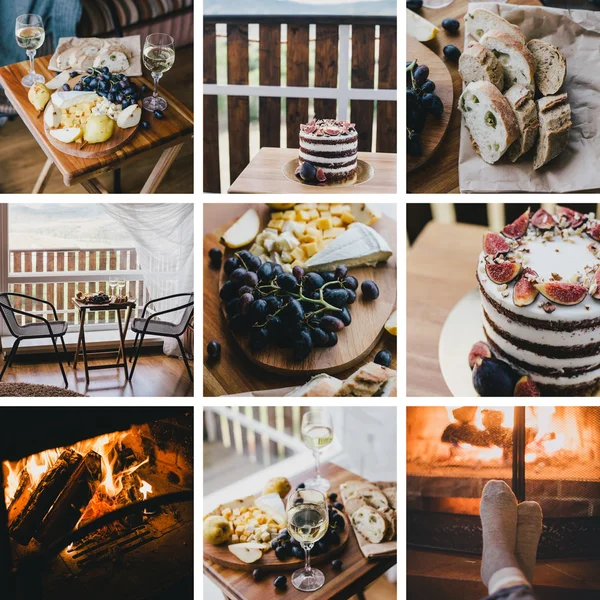 Collage of nine photos with grape, cheese, wine, cake, fireplace