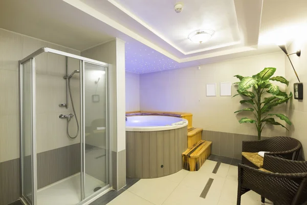Interior of a hotel spa center with shower and jacuzzi bath