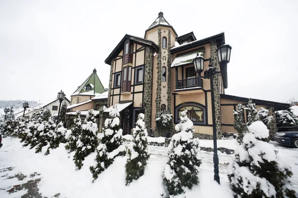 Mountain hotel exterior on a winter day
