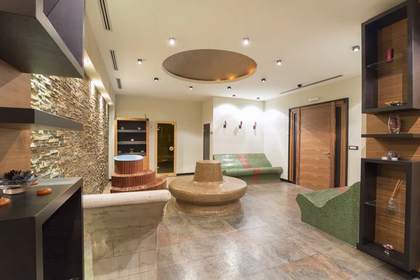 Modern spa interior with hot stone benches