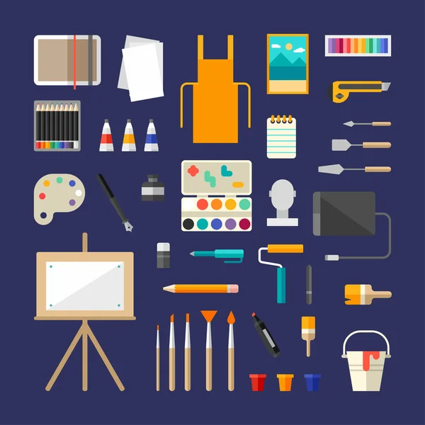 Set of Vector Icons and Illustrations in Flat Style. Painting Tools and Appliances. Painter Concept. People Profession and Hobbie