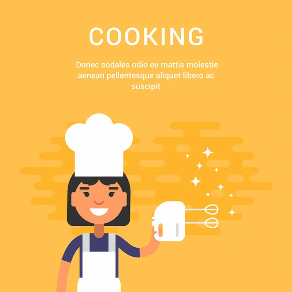 Female Cartoon Character Chief with Mixer. Cooking Concept. People Profession Concept. Vector Illustration in Flat Style
