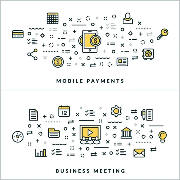 Vector Thin Line Mobile Payments and Business Meeting Concepts. Vector Illustration for Website Banner or Header. Flat Line Icons and Design Elements