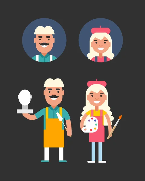 Artist Profession Concept. Smiling Man and Woman. Sculptor and Painter. Flat Style Illustration. People Profession Avatars