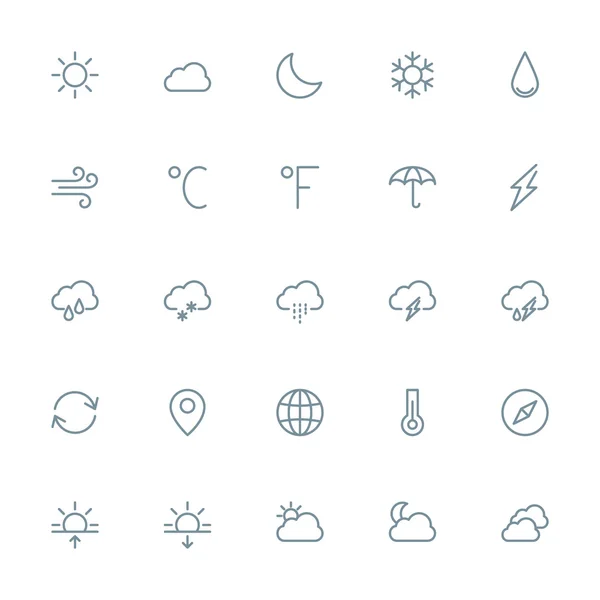 Thin line weather icons set for web and mobile apps. Gray icons on white background. Cloud, sun, rain, storm, snow, moon