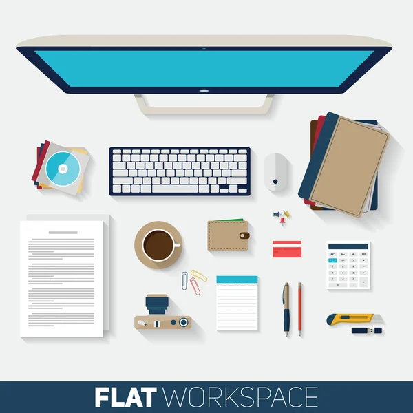 Flat design vector illustration of office workspace. Top view of desk background with computer, office objects, notebooks and documents with long shadows