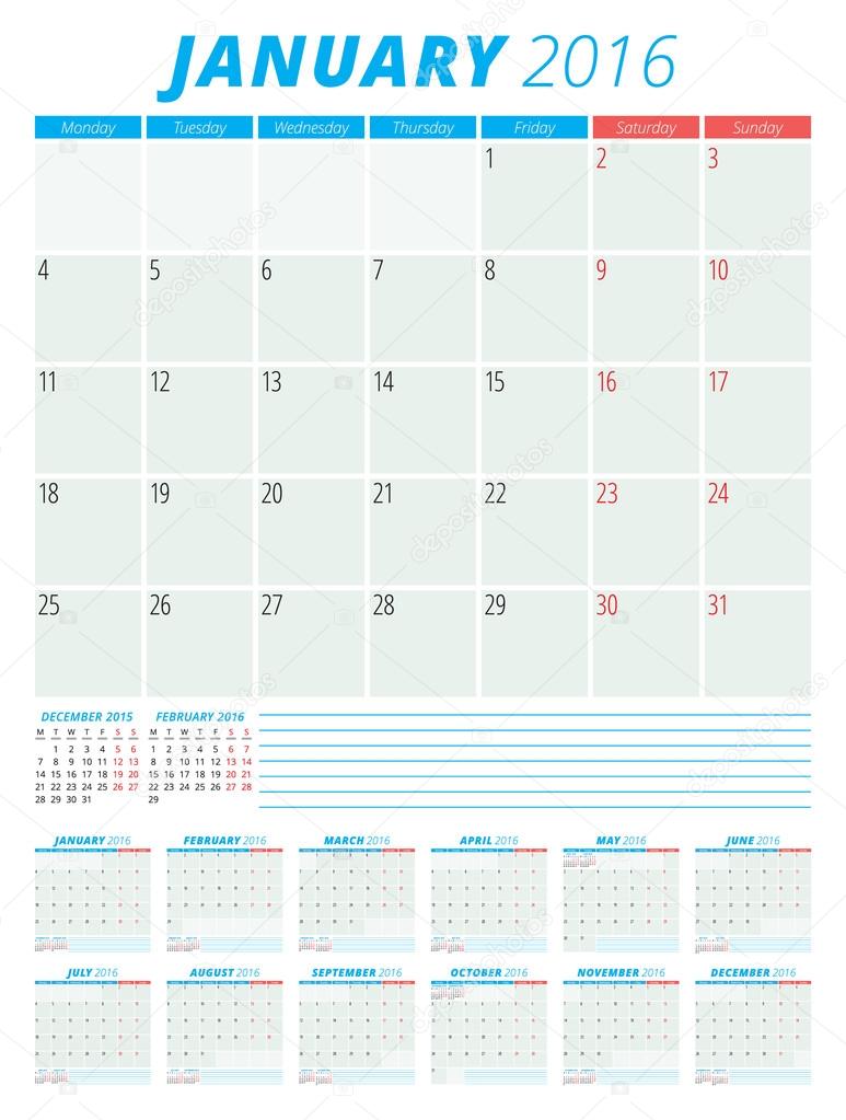 カレンダー 2016年ベクトル フラット デザイン テンプレートです。12 月のセット。月曜日の開始曜日 \u2013 ストックイラストレーション