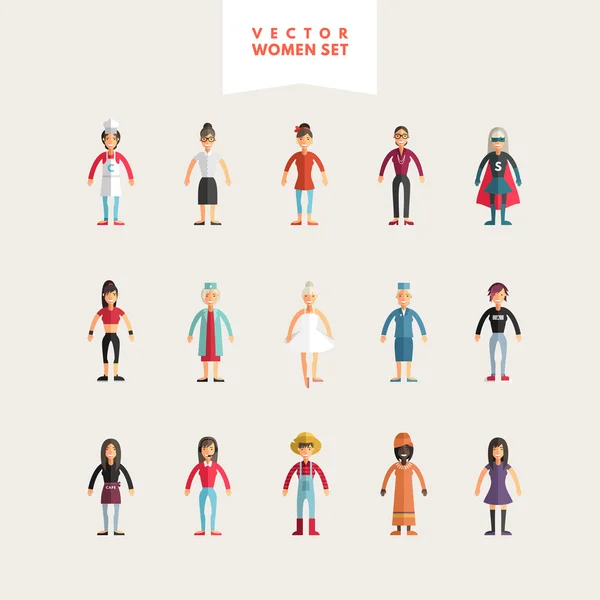 Set of Flat Design Professional People Characters. Women Set. Cook, Teacher, Superwoman, Doctor, Dancer, Rocker, Waitress, Farmer