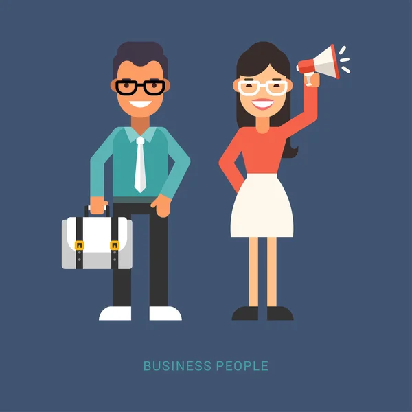 Flat Style Vector Illustration. Business People. Cartoon Characters Businessman with Suitcase and Businesswoman with Speaker Standing Together on Blue Background