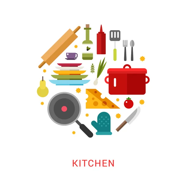 Kitchen Appliances and Objects in the Shape of Circle. Cookware, Food, Fruits, Vegetables, Bottles. Vector Illustration in Flat Design Style for Web Banners or Promotional Materials