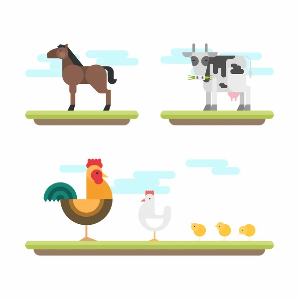 Set of Cute Flat Style Vector Illustrations. Farm Animals. Horse, Cow, Chicken, Rooster, Chickens