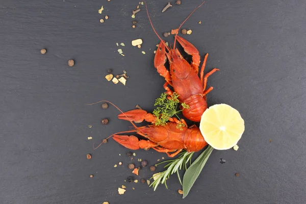 Delicious fresh lobster on dark vintage background. Seafood with aromatic herbs, spices and vegetables - healthy food, diet or cooking concept