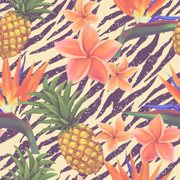 Tropical exotic flowers and pineapple seamless background in vector